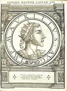 モーリスは、古代の硬貨のローマの東西の最も重要な真実の画像から、ルドルフヴィッセンバッハによって彫刻され、アンドレアスゲスナーによって印刷された、チューリッヒ、1